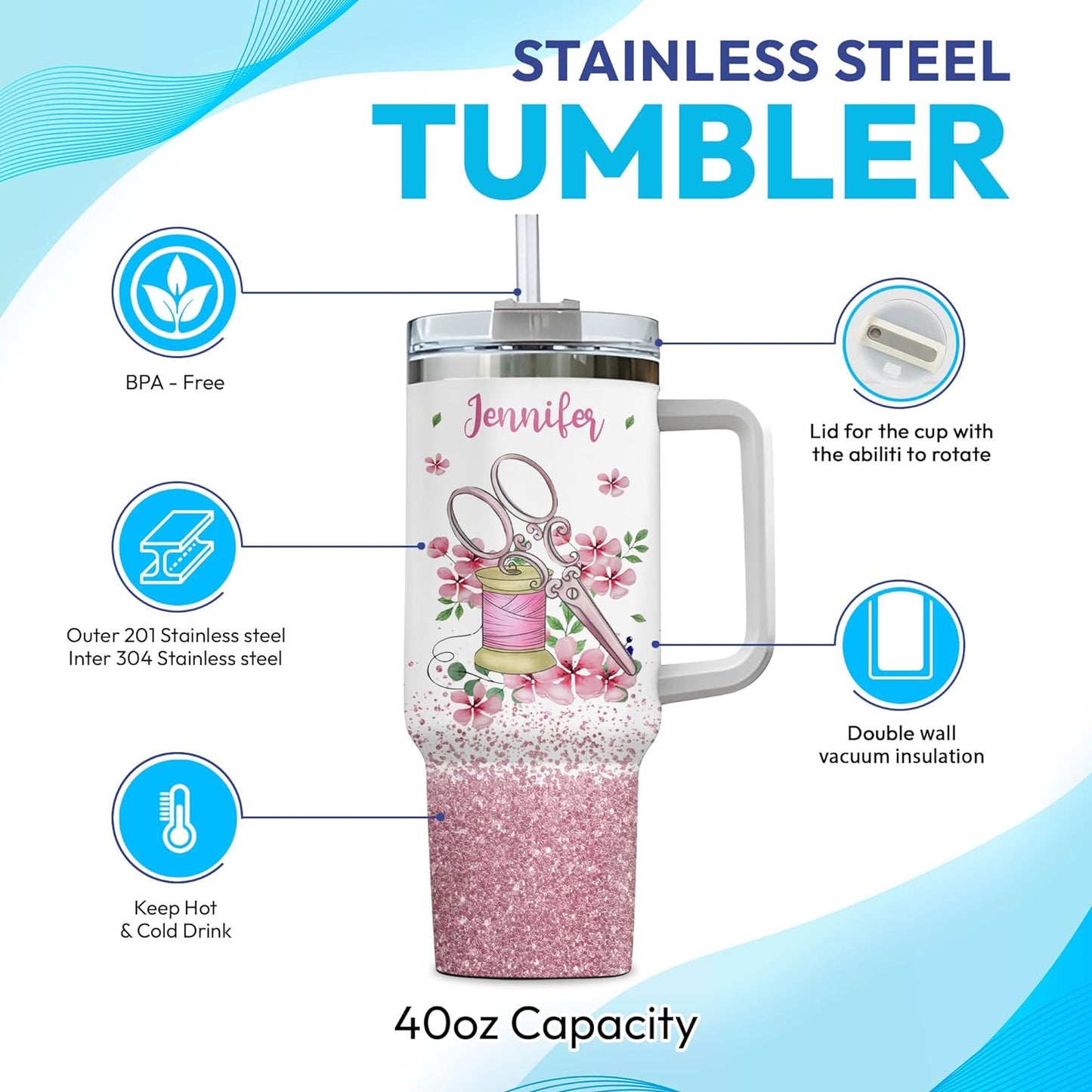 Pink Sewing Tumbler 40oz with Handle & Straw – Personalized Stainless Steel Insulated Travel Cup with Lid – Creative Gift for Sewing Lovers