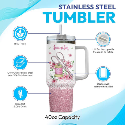 Pink Sewing Tumbler 40oz with Handle & Straw – Personalized Stainless Steel Insulated Travel Cup with Lid – Creative Gift for Sewing Lovers