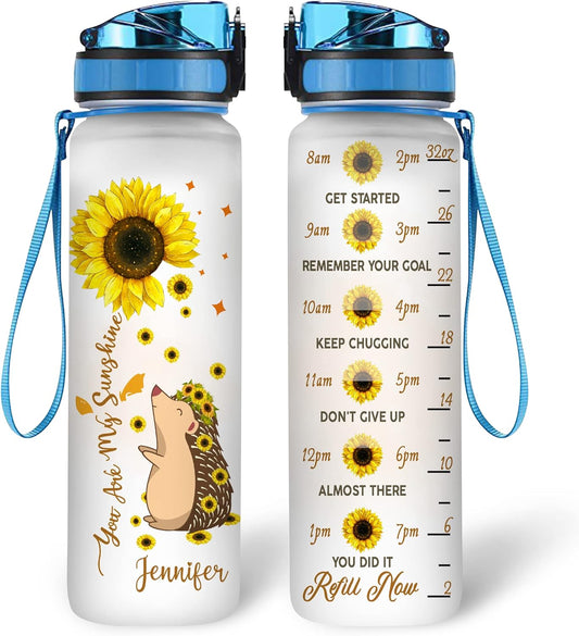 Hedgehog Sunflower Water Bottle Tracker 32oz – Personalized Motivational Water Bottle with Time Marker – Thoughtful Gift for Women