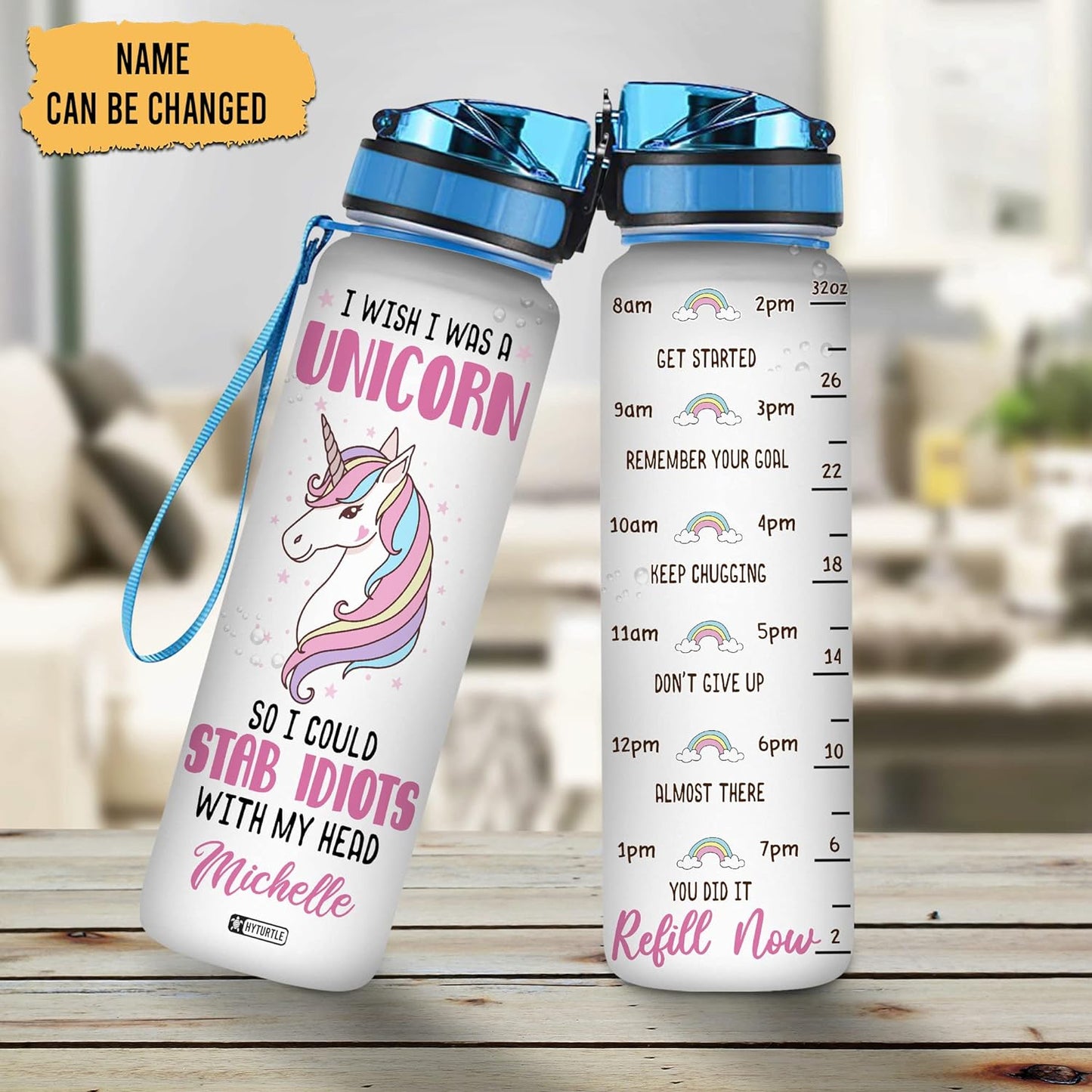 Funny Unicorn Lovers Water Bottle Tracker 32oz – Personalized BPA-Free Bottle with Time Marker – Cute Gift for Girls & Unicorn Fans