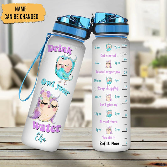 Owl Lovers Water Bottle Tracker 32oz – Personalized Hydration Bottle with Time Marker – Fun Gift for Animal Lovers