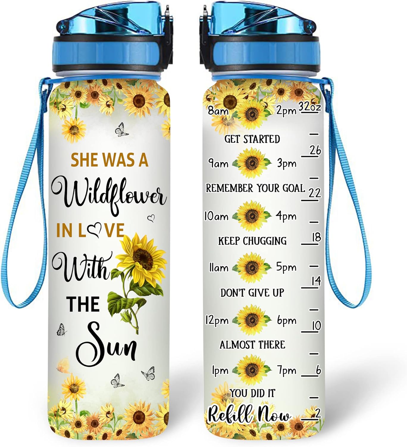 Wildflower Sunflower Water Bottle Tracker 32oz – Personalized Motivational Water Bottle with Time Marker – Gift for Women