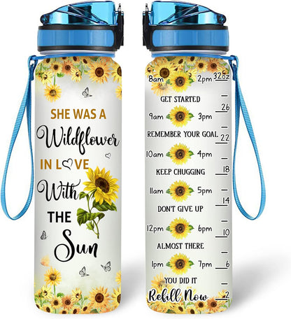 Wildflower Sunflower Water Bottle Tracker 32oz – Personalized Motivational Water Bottle with Time Marker – Gift for Women