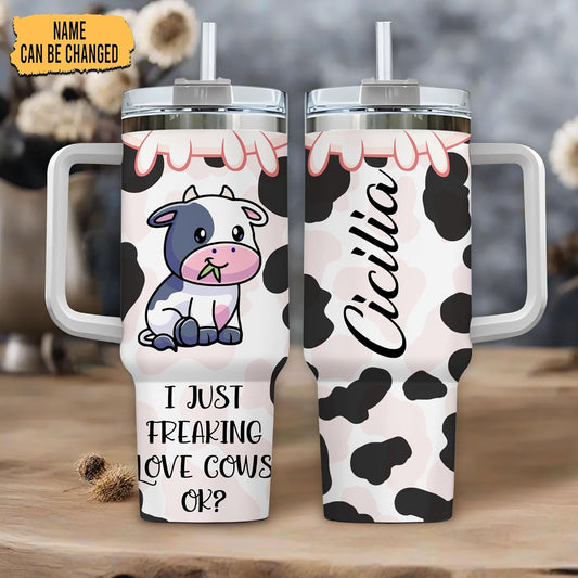 Cute Cartoon Cow Tumbler 40oz with Handle & Straw – Personalized Stainless Steel Travel Cup with Lid – Fun Gift for Animal Lovers