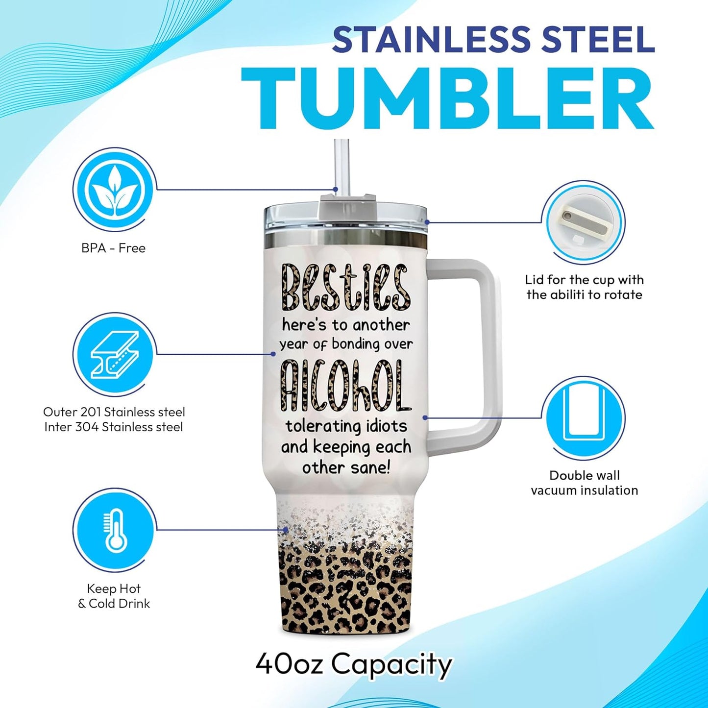 Bestie Friendship Tumbler 40oz with Handle & Straw – Personalized Stainless Steel Insulated Travel Cup with Lid – Thoughtful Gift for Best Friends