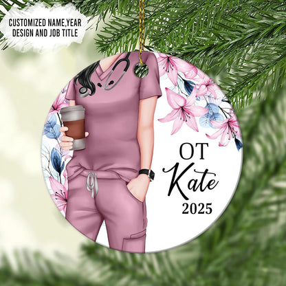 Occupational Therapist Scrubs Floral Ceramic Circle Ornament – Personalized Christmas Gift for OT or OTA, Therapy Team Appreciation Keepsake