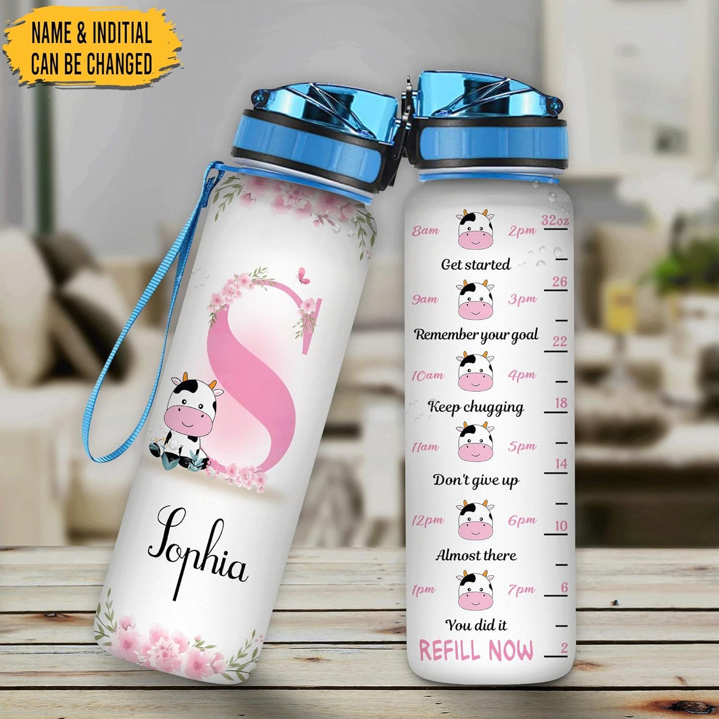 Cute Cow Theme Water Bottle Tracker 32oz – Personalized Motivational Bottle with Time Marker – Fun Gift for Cow Lovers