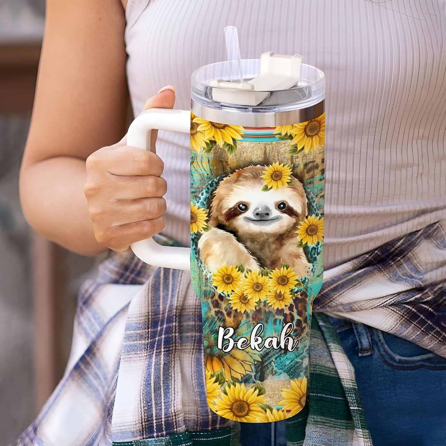 Sunflower Sloth Tumbler 40oz with Handle & Straw – Personalized Stainless Steel Insulated Travel Cup with Lid – Cute Gift for Sloth Lovers