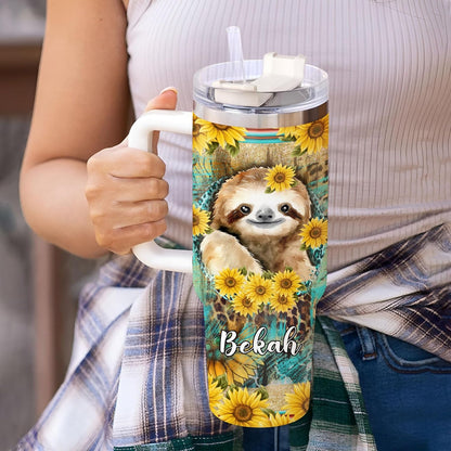 Sunflower Sloth Tumbler 40oz with Handle & Straw – Personalized Stainless Steel Insulated Travel Cup with Lid – Cute Gift for Sloth Lovers