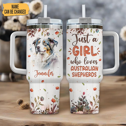 Australian Shepherd Lover Tumbler 40oz – Personalized Stainless Steel Travel Cup with Handle & Straw, Floral Dog Design – Unique Gift for Women & Girls