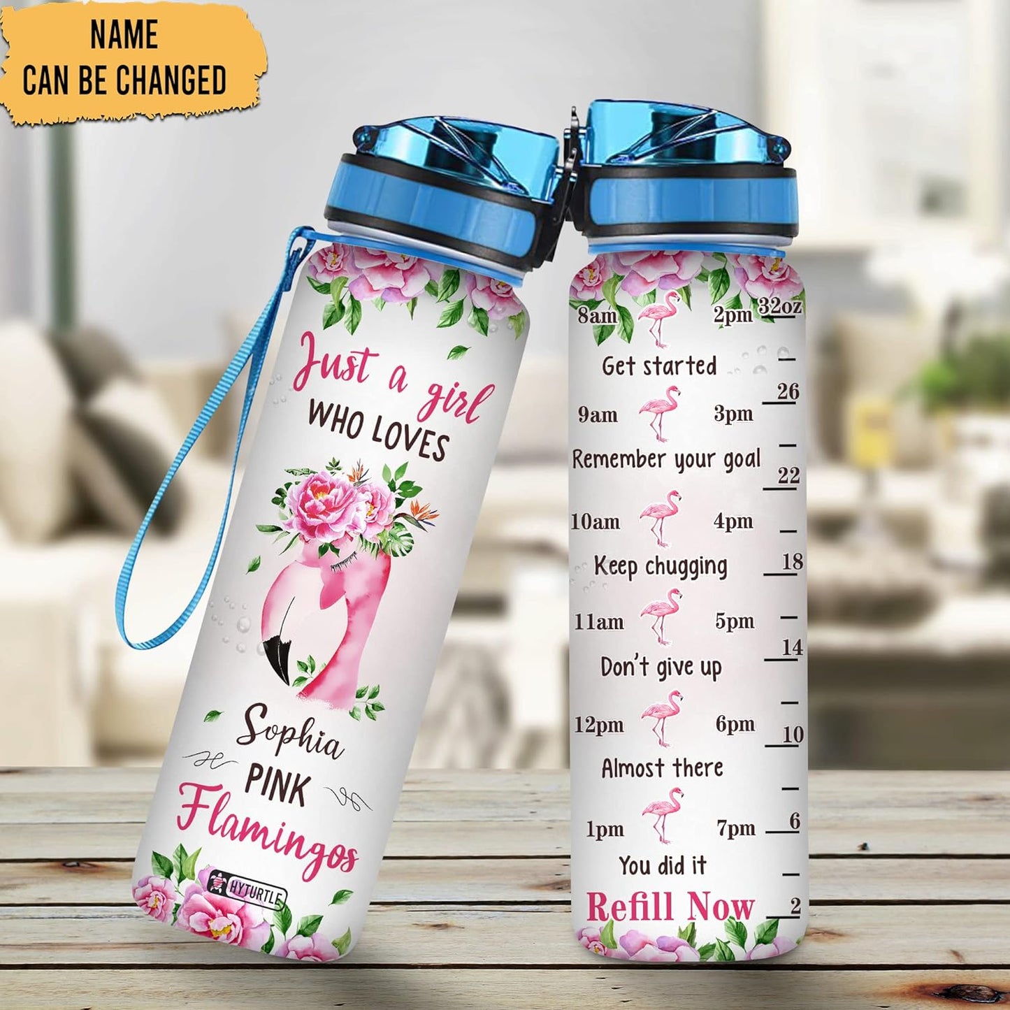 Pink Flamingo Water Bottle Tracker 32oz – Personalized Hydration Bottle with Time Marker – Stylish Gift for Flamingo Lovers