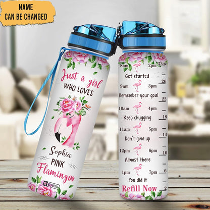 Pink Flamingo Water Bottle Tracker 32oz – Personalized Hydration Bottle with Time Marker – Stylish Gift for Flamingo Lovers