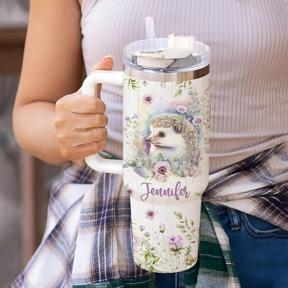Hedgehog Floral 40oz Tumbler with Handle & Straw – Personalized Stainless Steel Insulated Travel Cup with Lid – Unique Gift for Animal Lovers