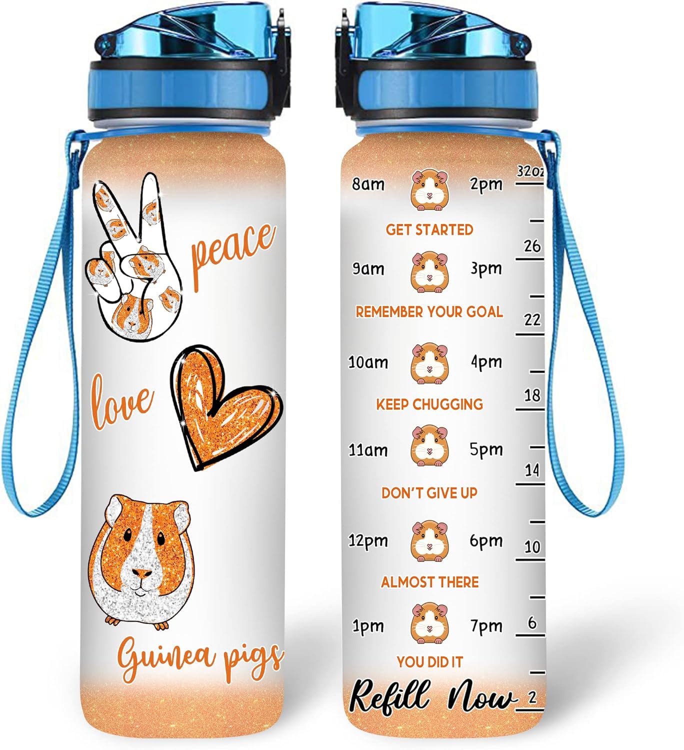 Peace Love Guinea Pigs Water Bottle Tracker 32oz – Personalized Motivational Bottle with Time Marker – Cute Gift for Small Pet Lovers