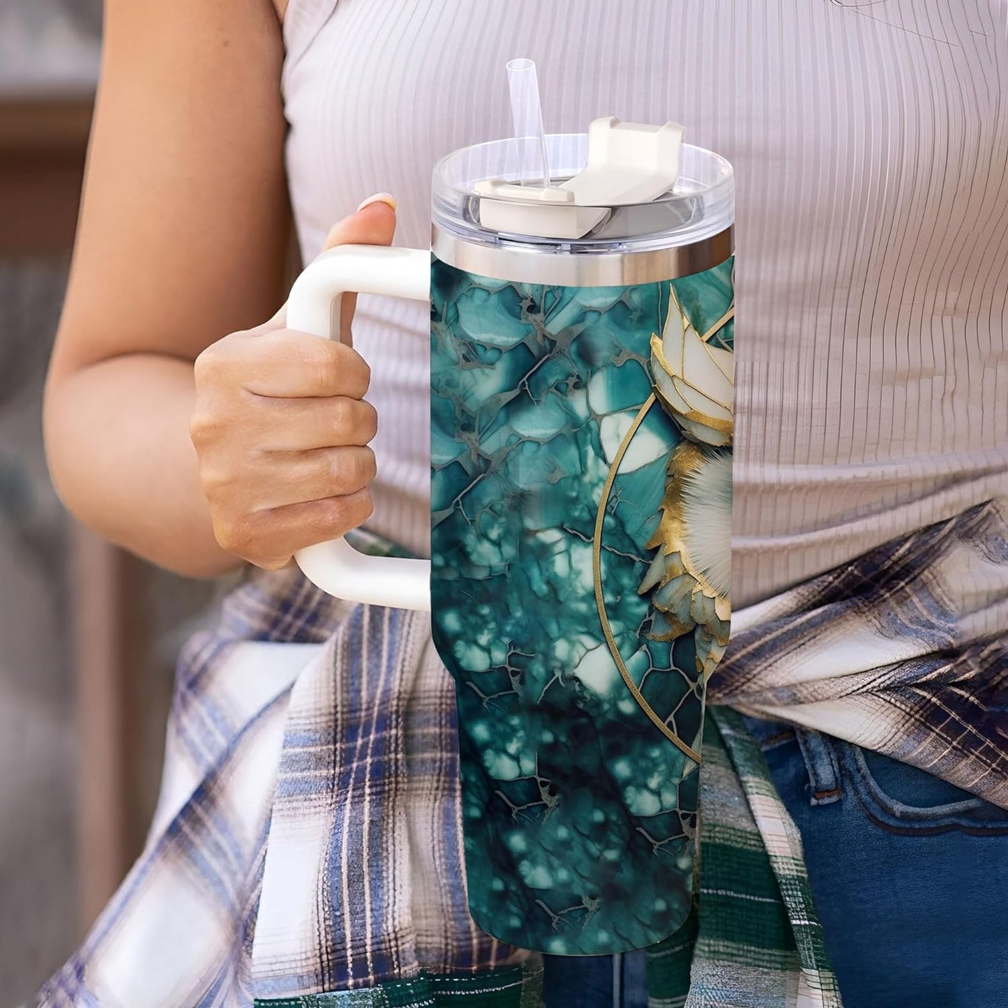 Golden Owl Marble Tumbler 40oz with Handle & Straw – Personalized Stainless Steel Travel Cup with Lid – Stylish Gift for Owl Lovers