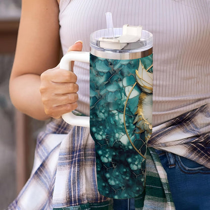 Golden Owl Marble Tumbler 40oz with Handle & Straw – Personalized Stainless Steel Travel Cup with Lid – Stylish Gift for Owl Lovers