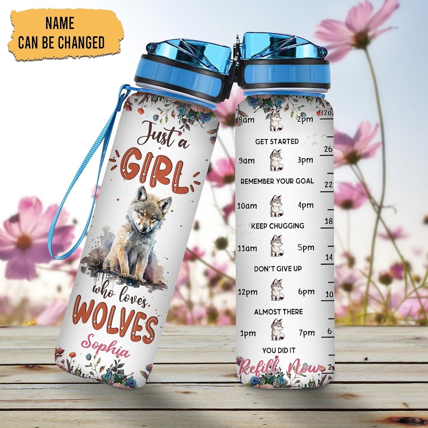 Wolf Design Water Bottle Tracker 32oz Personalized – Cute Animal Hydration Bottle – Unique Birthday or Christmas Gift for Wolf Lovers