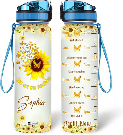 Sunflower Butterfly Water Bottle Tracker 32oz – Personalized Motivational Bottle with Time Marker – Thoughtful Gift for Women