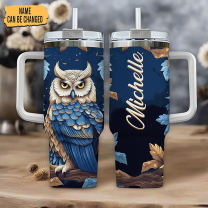 Elegant Owl Tumbler 40oz with Handle & Straw – Personalized Stainless Steel Insulated Travel Cup with Lid – Stylish Gift for Owl Lovers