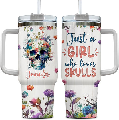 Floral Skull 40oz Tumbler with Handle & Straw – Personalized Stainless Steel Insulated Travel Cup with Lid – Gothic Artistic Gift for Women