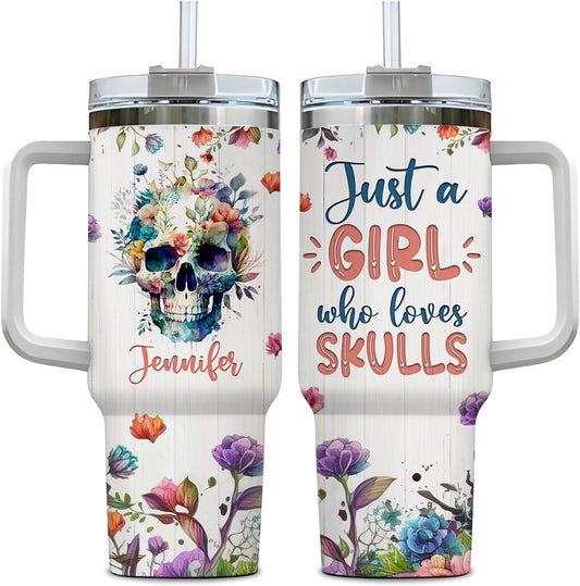 Floral Skull 40oz Tumbler with Handle & Straw – Personalized Stainless Steel Insulated Travel Cup with Lid – Gothic Artistic Gift for Women