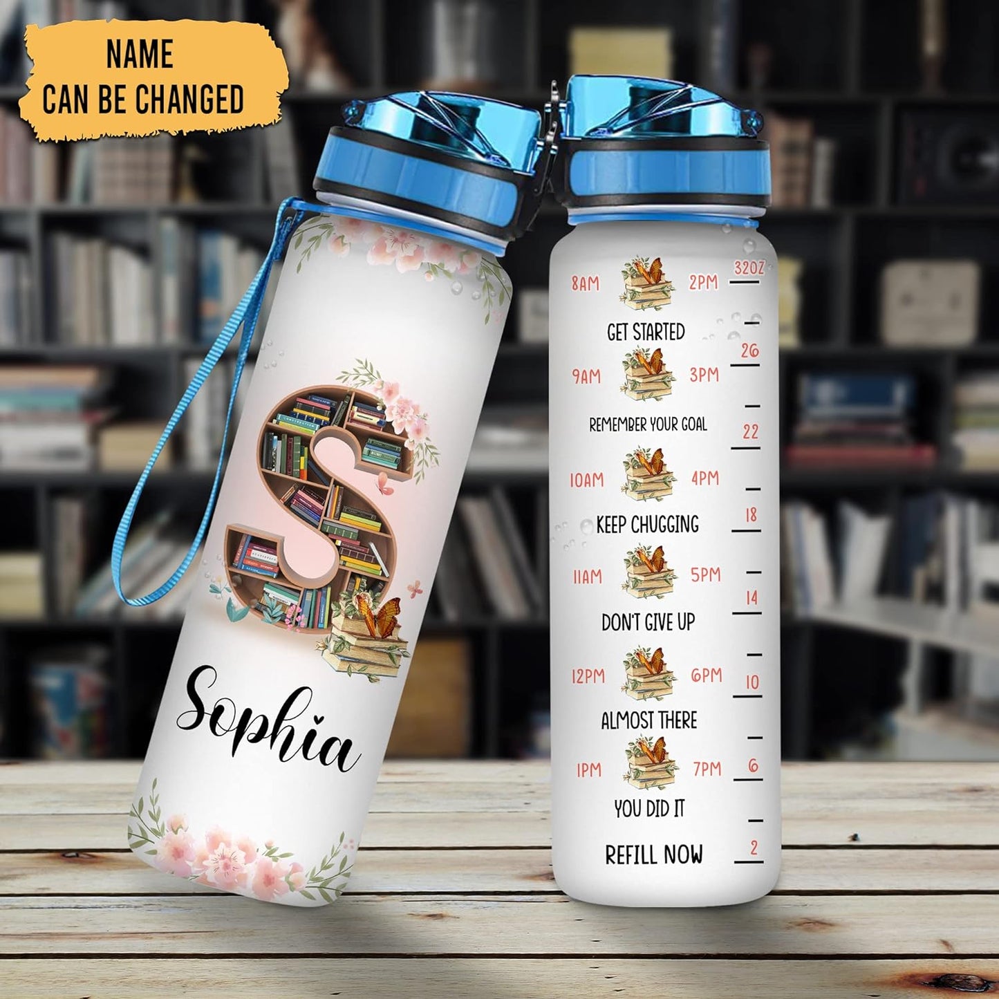 Book Lover Water Bottle Tracker 32oz – Personalized Motivational Water Bottle with Time Marker – Gift for Readers & Writers
