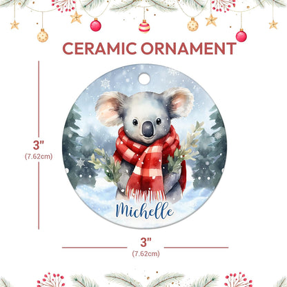 Koala in Scarf Winter Forest Ceramic Circle Ornament – Personalized Christmas Gift for Koala Lover, Wildlife Fan or Nature-Themed Decor