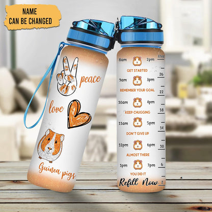 Peace Love Guinea Pigs Water Bottle Tracker 32oz – Personalized Motivational Bottle with Time Marker – Cute Gift for Small Pet Lovers