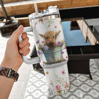 Floral Highland Cow Tumbler 40oz with Handle & Straw – Personalized Stainless Steel Insulated Travel Cup with Lid – Creative Gift for Cow Lovers