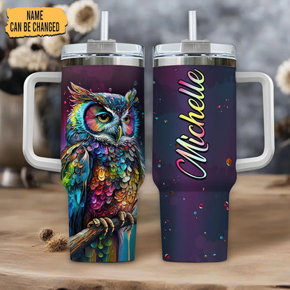 Colorful Owl Tumbler 40oz with Handle & Straw – Personalized Stainless Steel Insulated Travel Cup with Lid – Artistic Gift for Owl Lovers