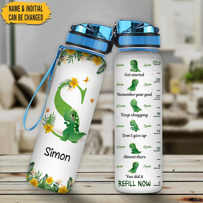 Dinosaur Lovers Water Bottle Tracker 32oz Personalized – Cute Dino Motivational Bottle with Time Marker – Fun Gift for Kids & Adults