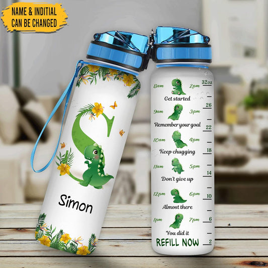 Dinosaur Lovers Water Bottle Tracker 32oz Personalized – Cute Dino Motivational Bottle with Time Marker – Fun Gift for Kids & Adults