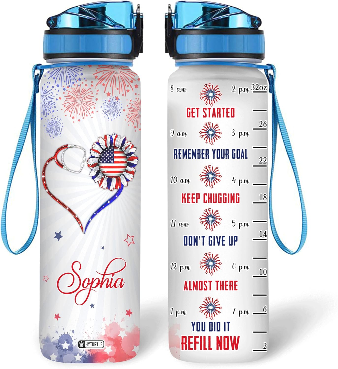 Nurse Stethoscope American Flag - Personalized Water Tracker Bottle 32oz