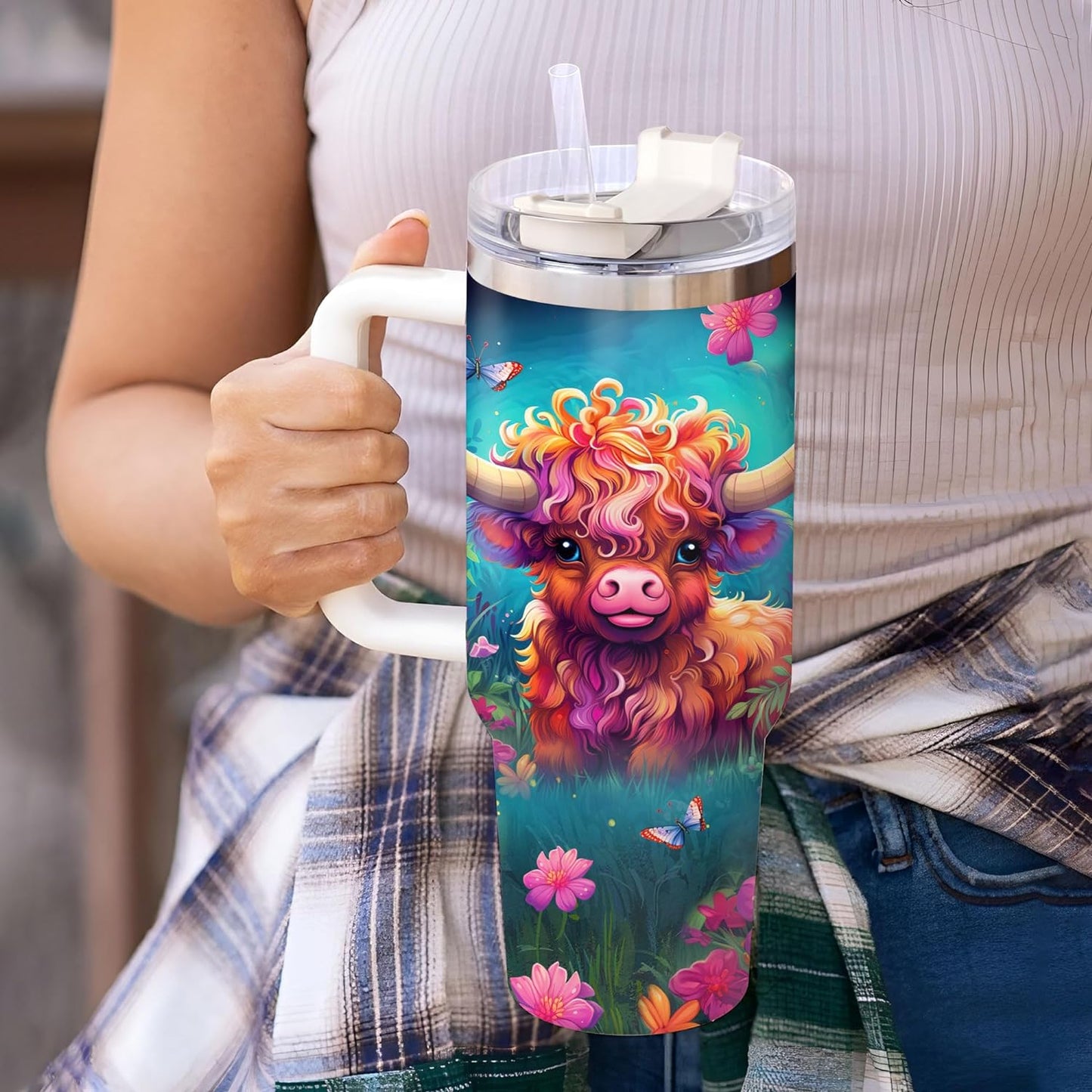 Highland Cow Floral Tumbler 40oz with Handle & Straw – Personalized Stainless Steel Insulated Cup with Lid – Creative Gift for Animal Lovers