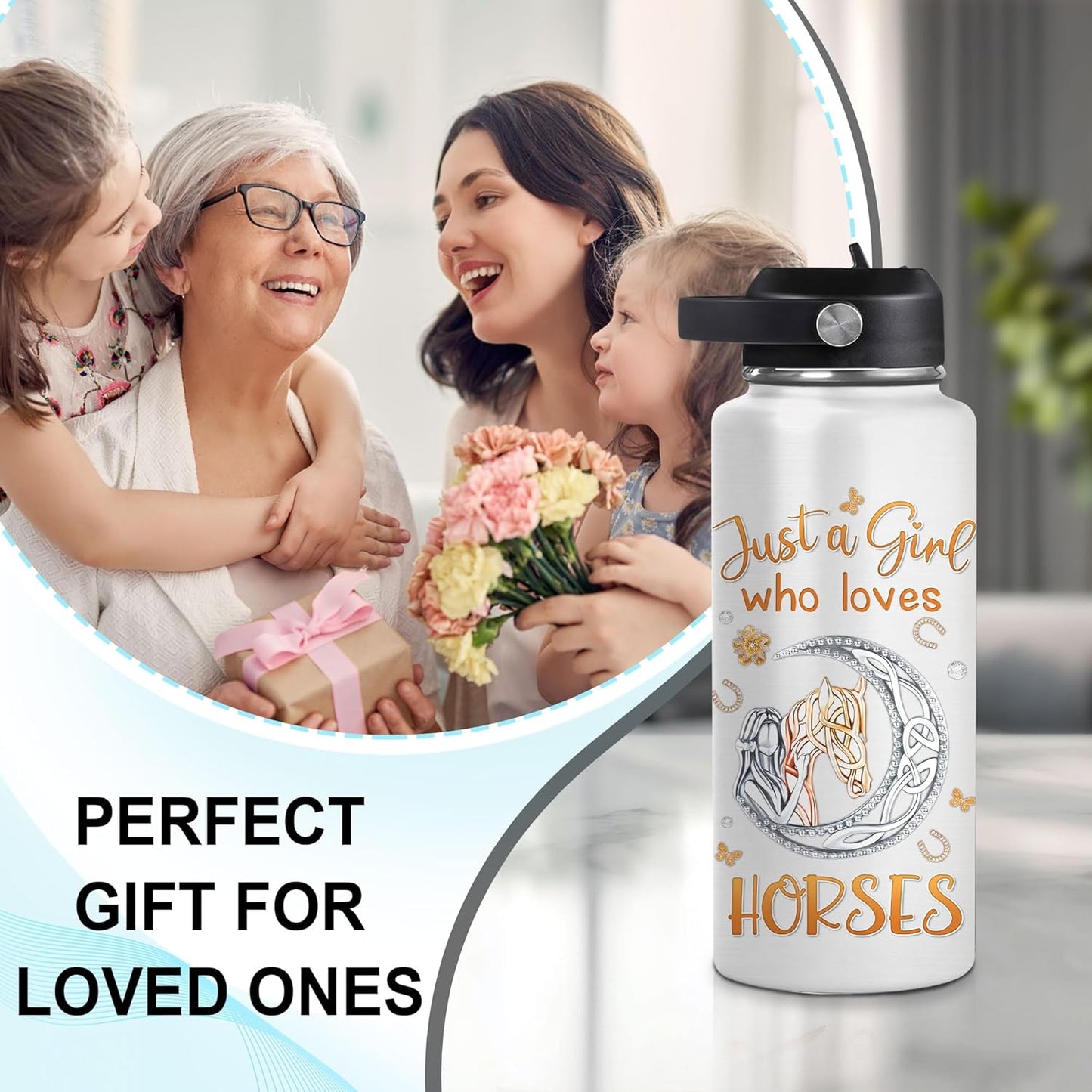 Sparkling Horse Water Bottle 32oz – Personalized Stainless Steel Insulated Bottle with Leak-Proof Lid – Stylish Gift for Horse Lovers
