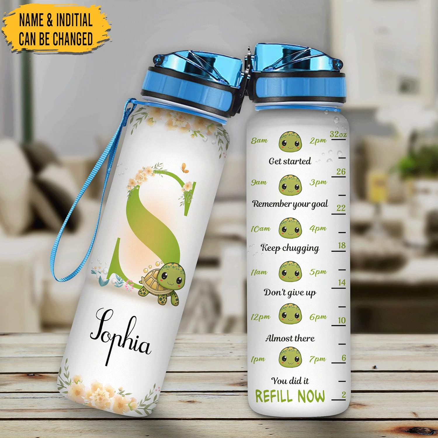 Turtles Flower Theme - Personalized Water Tracker Bottle 32oz