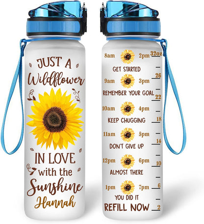 Wildflower & Sunshine Sunflower 32oz Water Bottle Tracker – Personalized Hydration Bottle with Time Marker – Inspirational Gift for Women