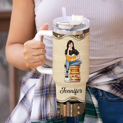 Book Lover Reading Tumbler 40oz with Handle & Straw – Personalized Stainless Steel Travel Cup with Lid – Unique Gift for Readers