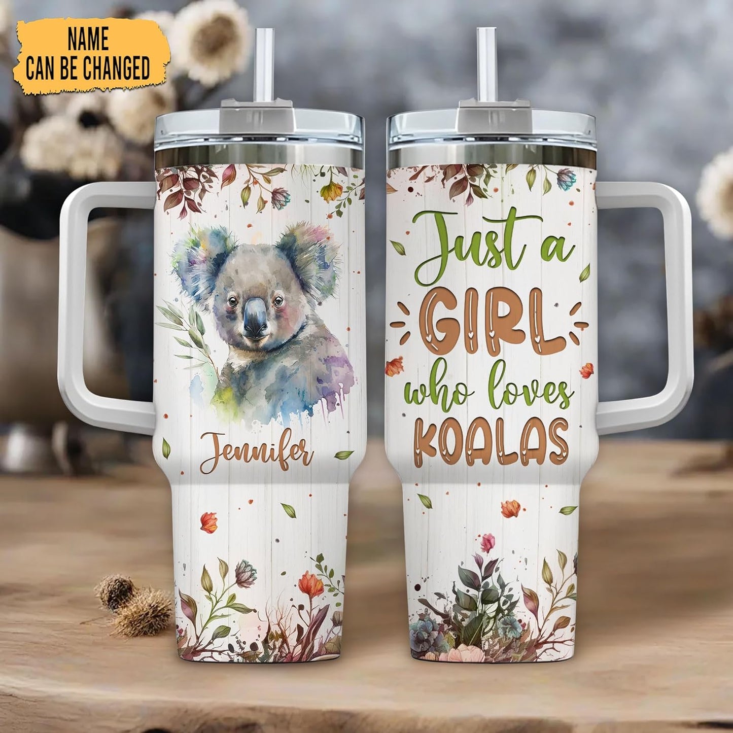Koala Lover Tumbler 40oz with Handle & Straw – Personalized Stainless Steel Insulated Travel Cup with Lid – Adorable Gift for Wildlife Fans