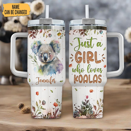 Koala Lover Tumbler 40oz with Handle & Straw – Personalized Stainless Steel Insulated Travel Cup with Lid – Adorable Gift for Wildlife Fans