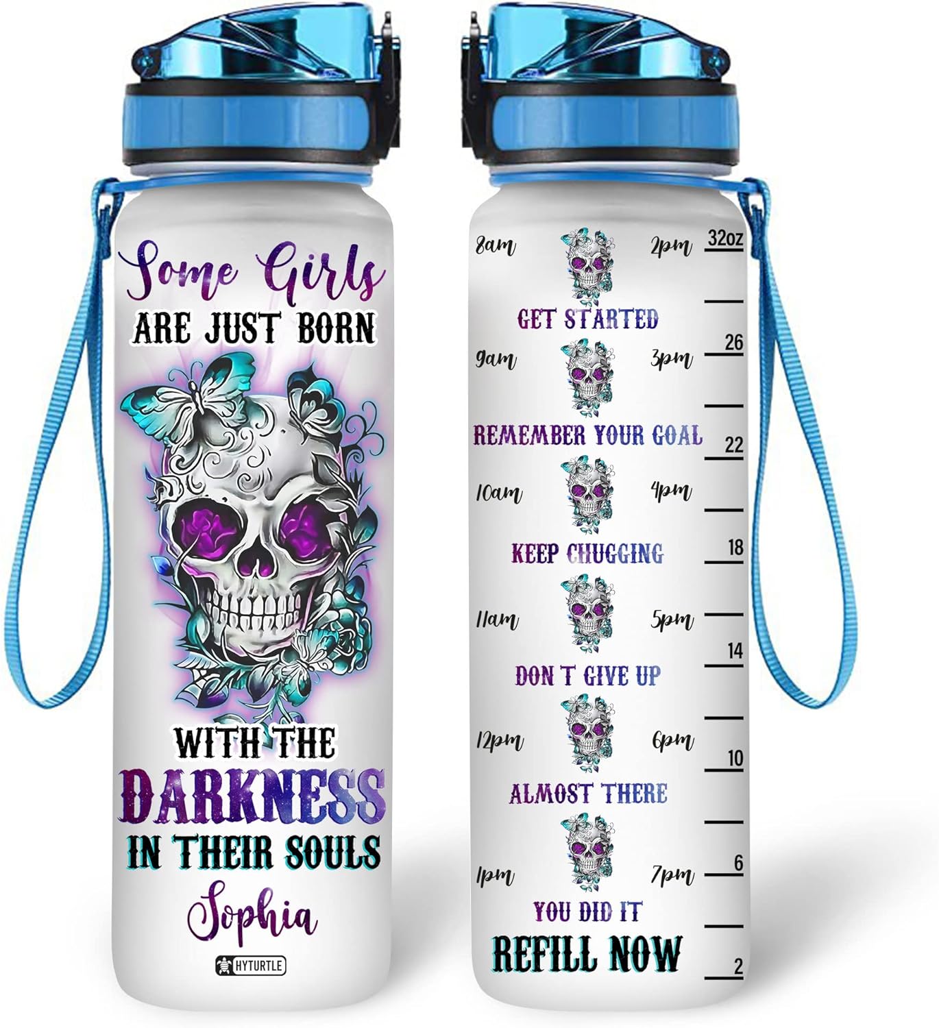 Gothic Skull Butterfly Water Bottle Tracker 32oz – Personalized Motivational Bottle with Time Marker – Unique Dark Aesthetic Gift