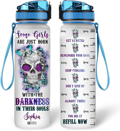 Gothic Skull Butterfly Water Bottle Tracker 32oz – Personalized Motivational Bottle with Time Marker – Unique Dark Aesthetic Gift