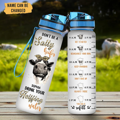 Cow Lover Water Bottle Tracker 32oz Personalized – Funny Motivational Daily Bottle with Time Marker – Farm Style Gift for Women