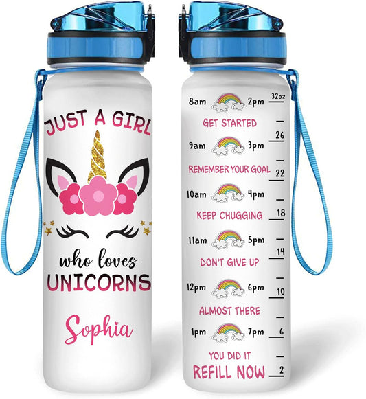 Unicorn Lovers Water Bottle Tracker 32oz – Personalized Cute Motivational Bottle with Time Marker – Magical Gift for Girls & Kids