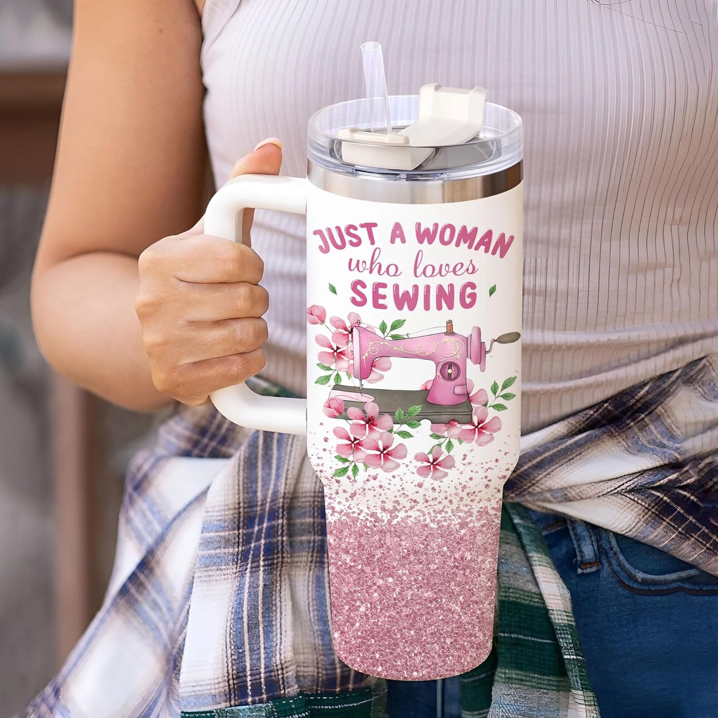 Pink Sewing Tumbler 40oz with Handle & Straw – Personalized Stainless Steel Insulated Travel Cup with Lid – Creative Gift for Sewing Lovers