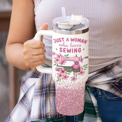 Pink Sewing Tumbler 40oz with Handle & Straw – Personalized Stainless Steel Insulated Travel Cup with Lid – Creative Gift for Sewing Lovers