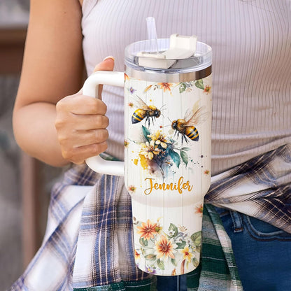 Bee Lover Tumbler 40oz with Handle & Straw – Personalized Stainless Steel Travel Mug with Lid – Cute Gift for Nature & Garden Lovers