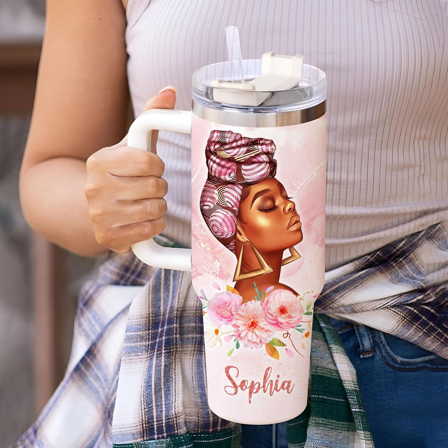 Christian Woman Tumbler 40oz with Handle & Straw – Personalized Stainless Steel Insulated Cup with Lid – Inspirational Faith Gift for Women
