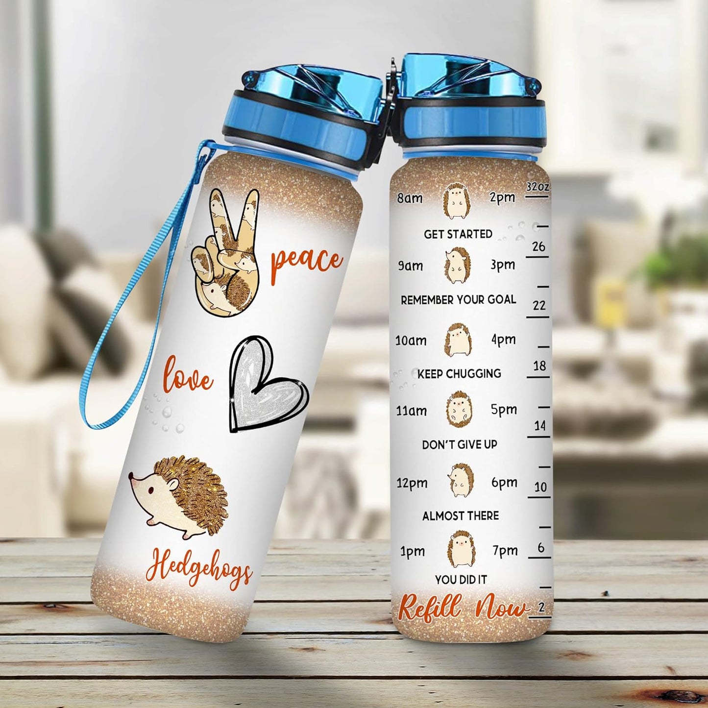 Hedgehog Lover Water Bottle Tracker 32oz – Personalized Cute Animal Hydration Bottle with Time Marker – Unique Gift for Women Girls