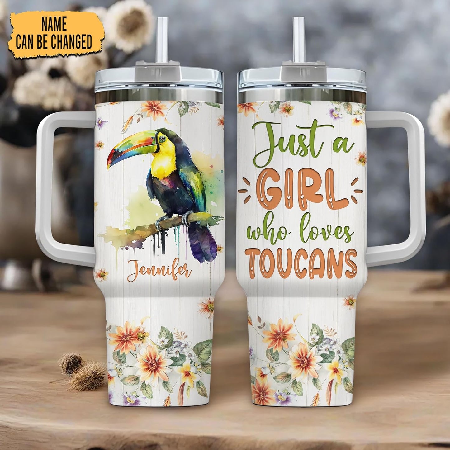 Toucan Tumbler 40oz – Personalized Stainless Steel Insulated Travel Cup with Handle & Straw – Tropical Bird Coffee Mug Gift for Women